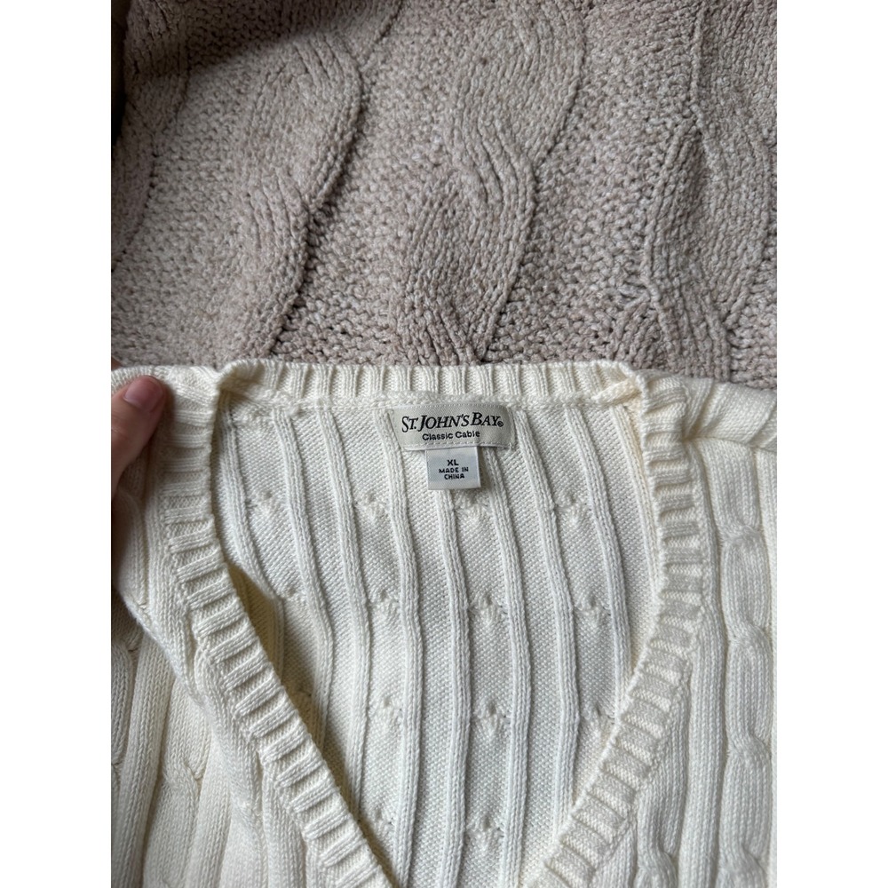 St. Johns Bay Womens Classic Cable Knit V-Neck Sweater Cream Ivory XL NWT - Picture 2 of 3
